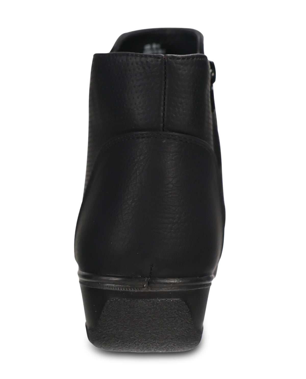 Black pebbled leather ankle boot shown from a rear three-quarter view, featuring a low block heel and side zipper, on a white background.