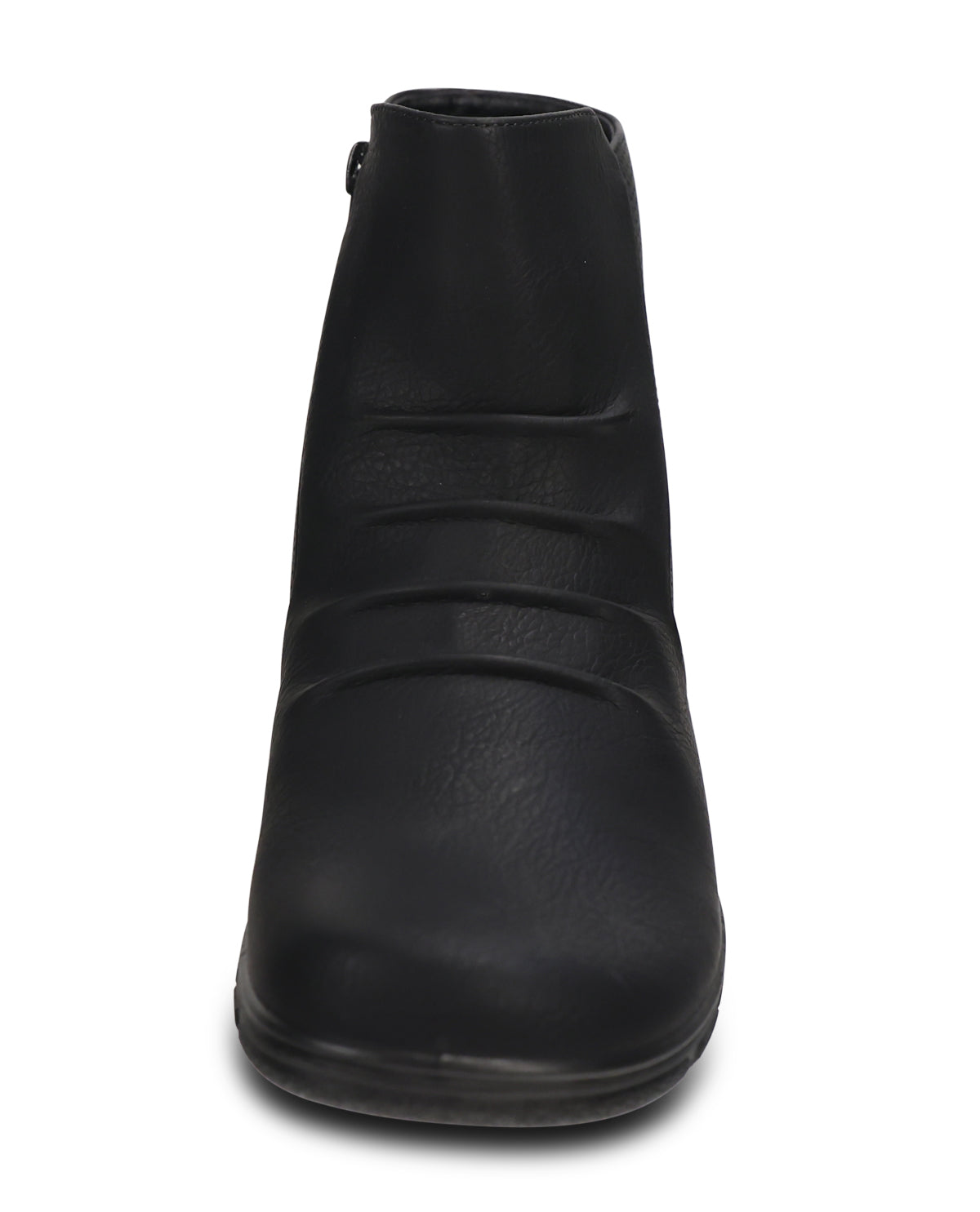 A single black leather ankle boot shown from a front-facing perspective against a plain white background.