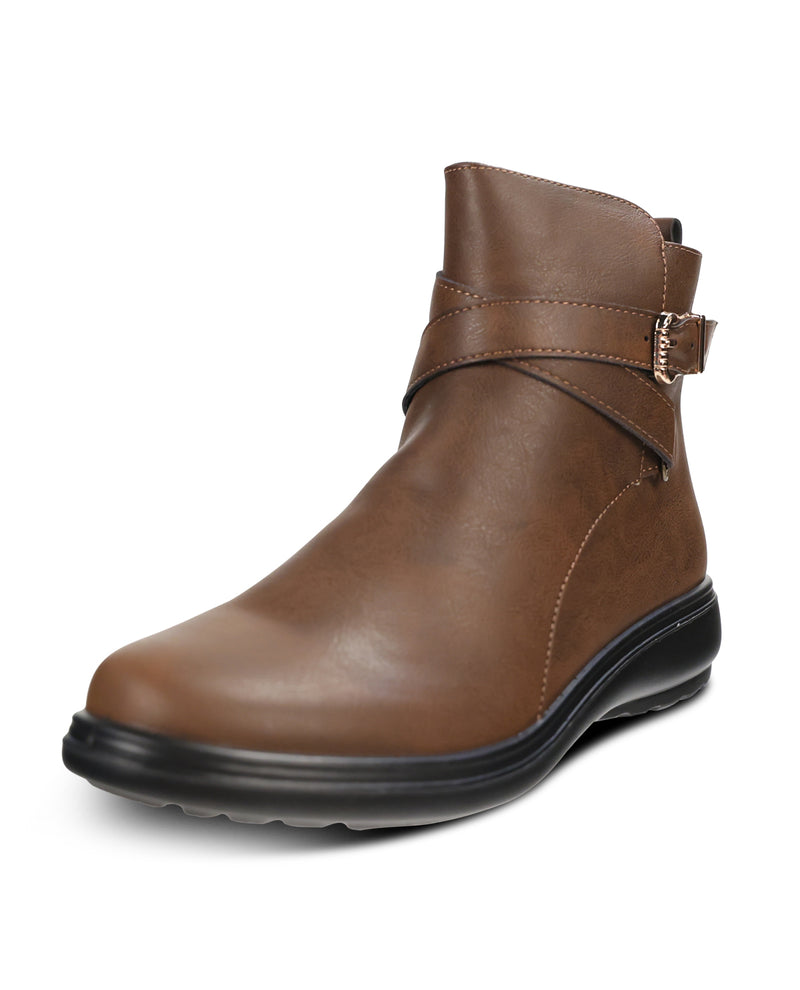 A brown ankle boot with a decorative strap and buckle detail on the side, set against a plain white background.
