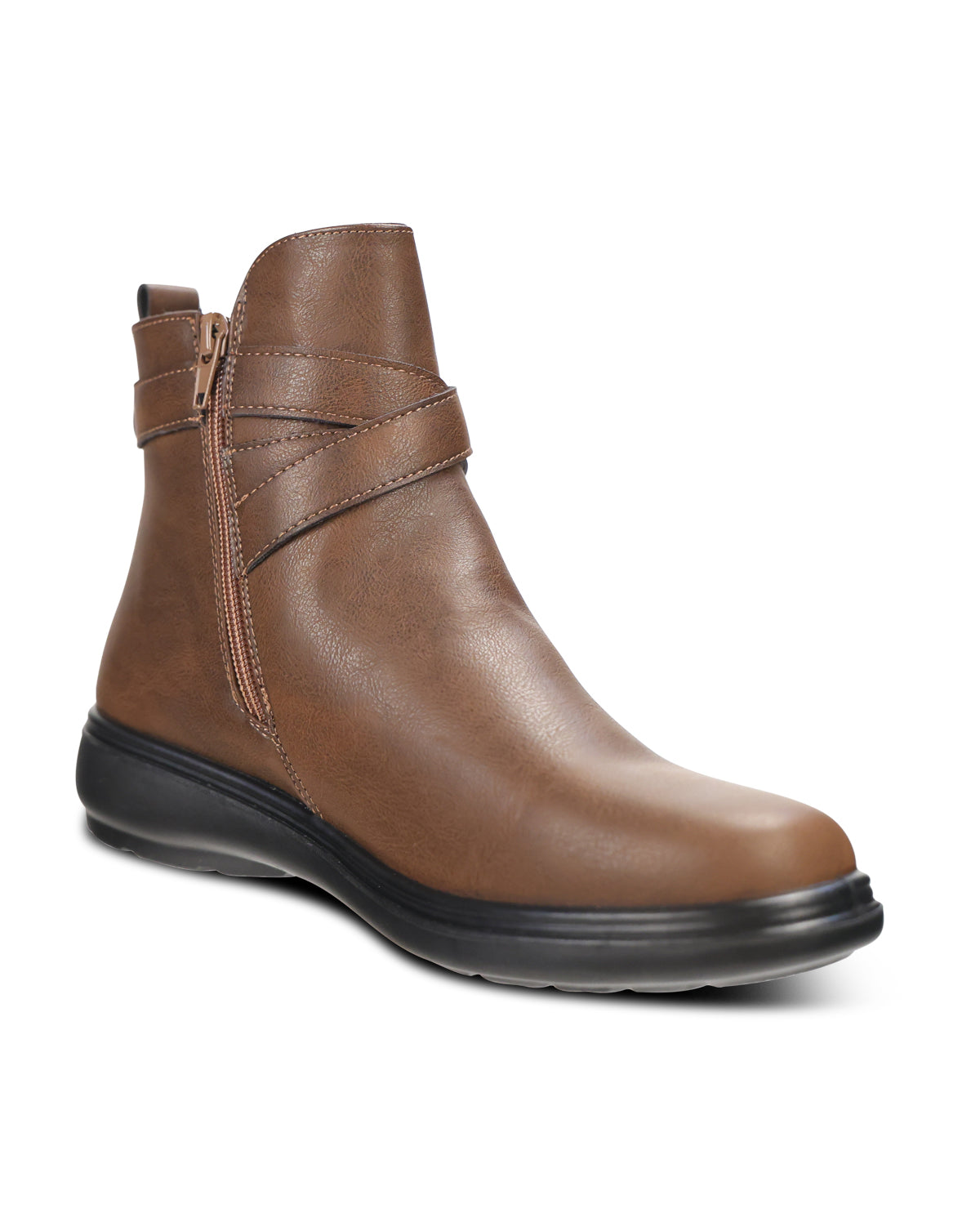 A brown ankle boot with a side zipper and a decorative strap across the ankle, shown on a plain white background.