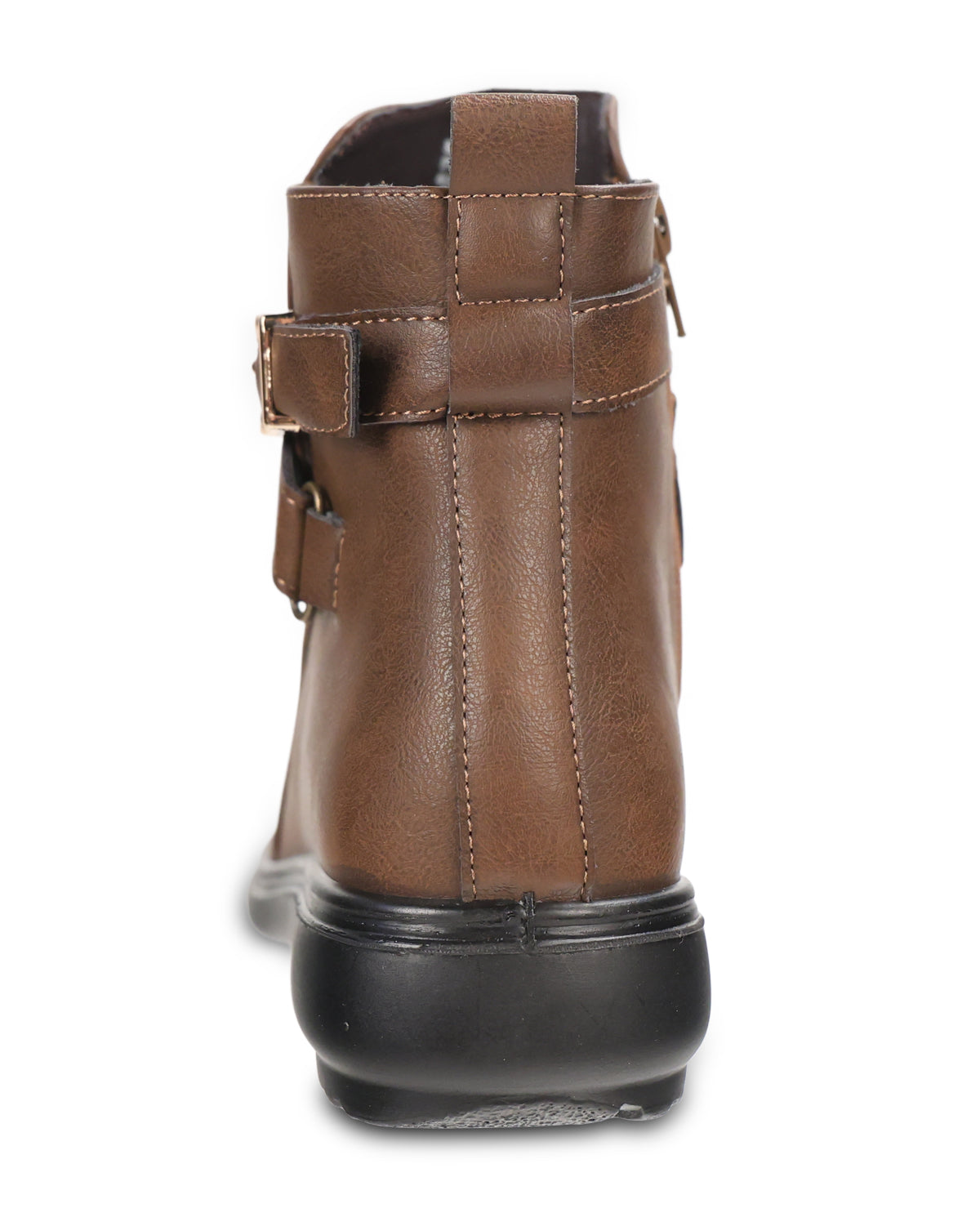 A brown faux-leather ankle boot with a side buckle strap and a thick black sole, shown from a rear three-quarter view on a white background.