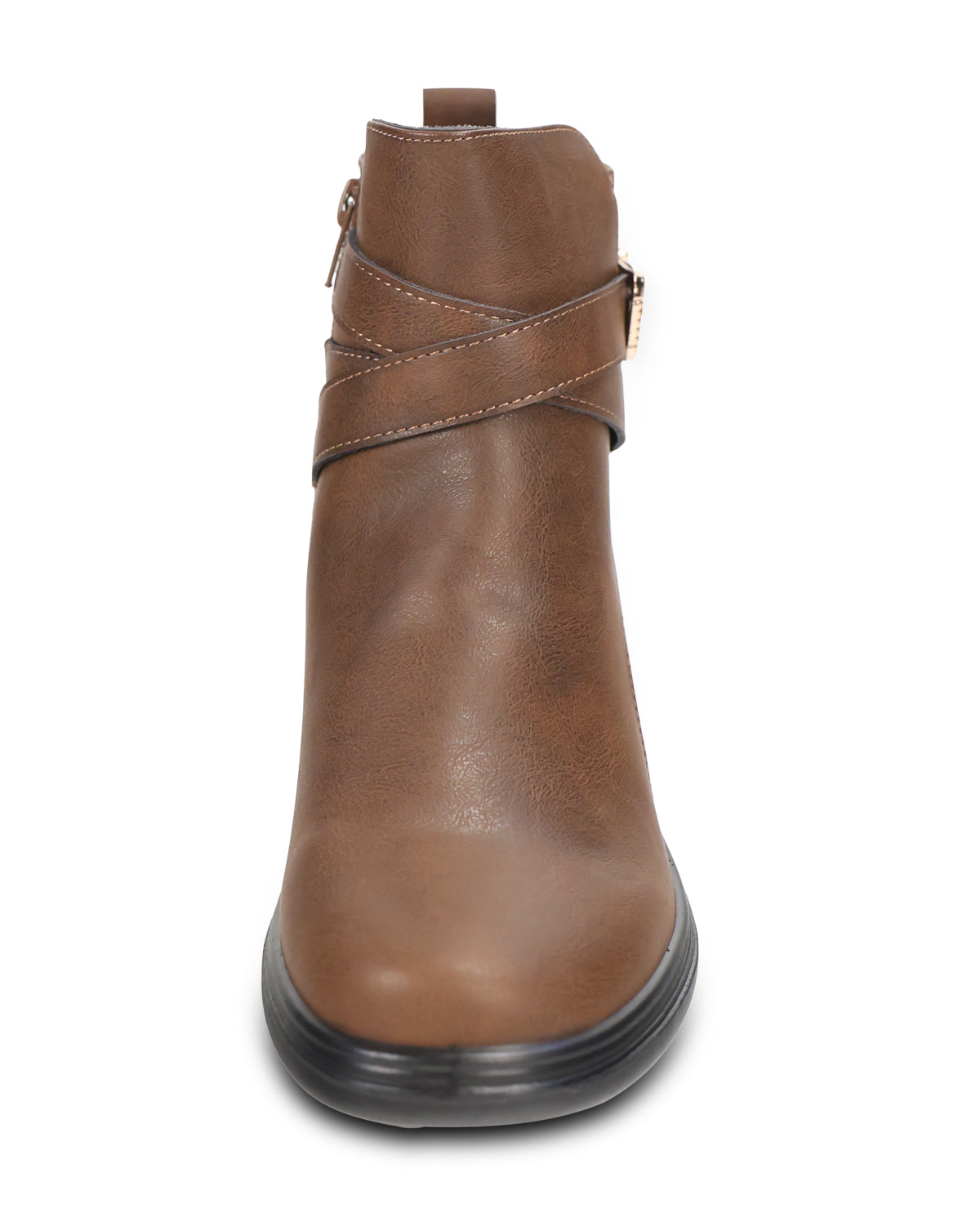 A brown faux-leather ankle boot with a side buckle strap, shown from a front-facing perspective on a white background.