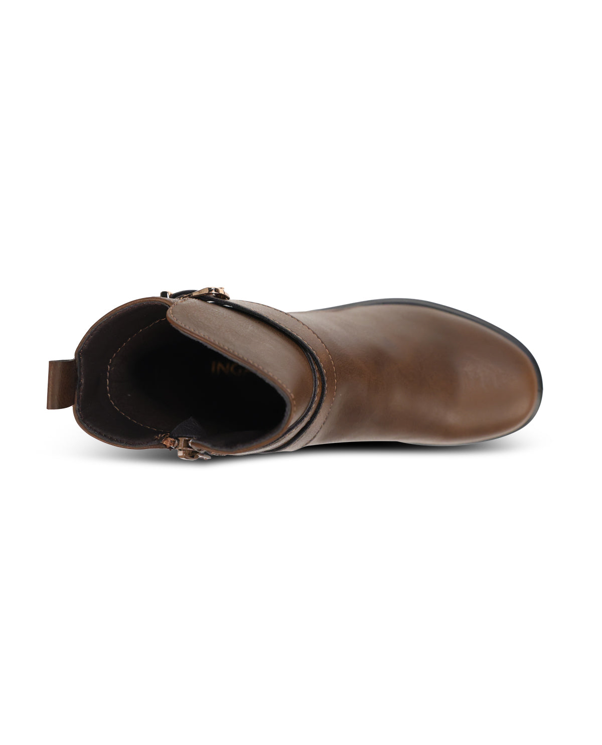 A brown faux-leather ankle boot with a decorative buckle strap around the ankle, shown from a top-down view on a white background.
