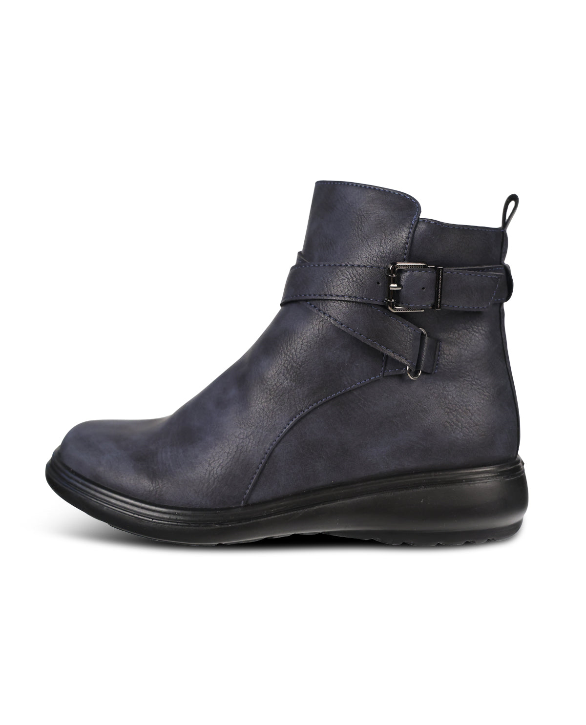 A dark navy blue leather ankle boot with a side buckle strap and a thick black sole, shown from a side profile on a white background.