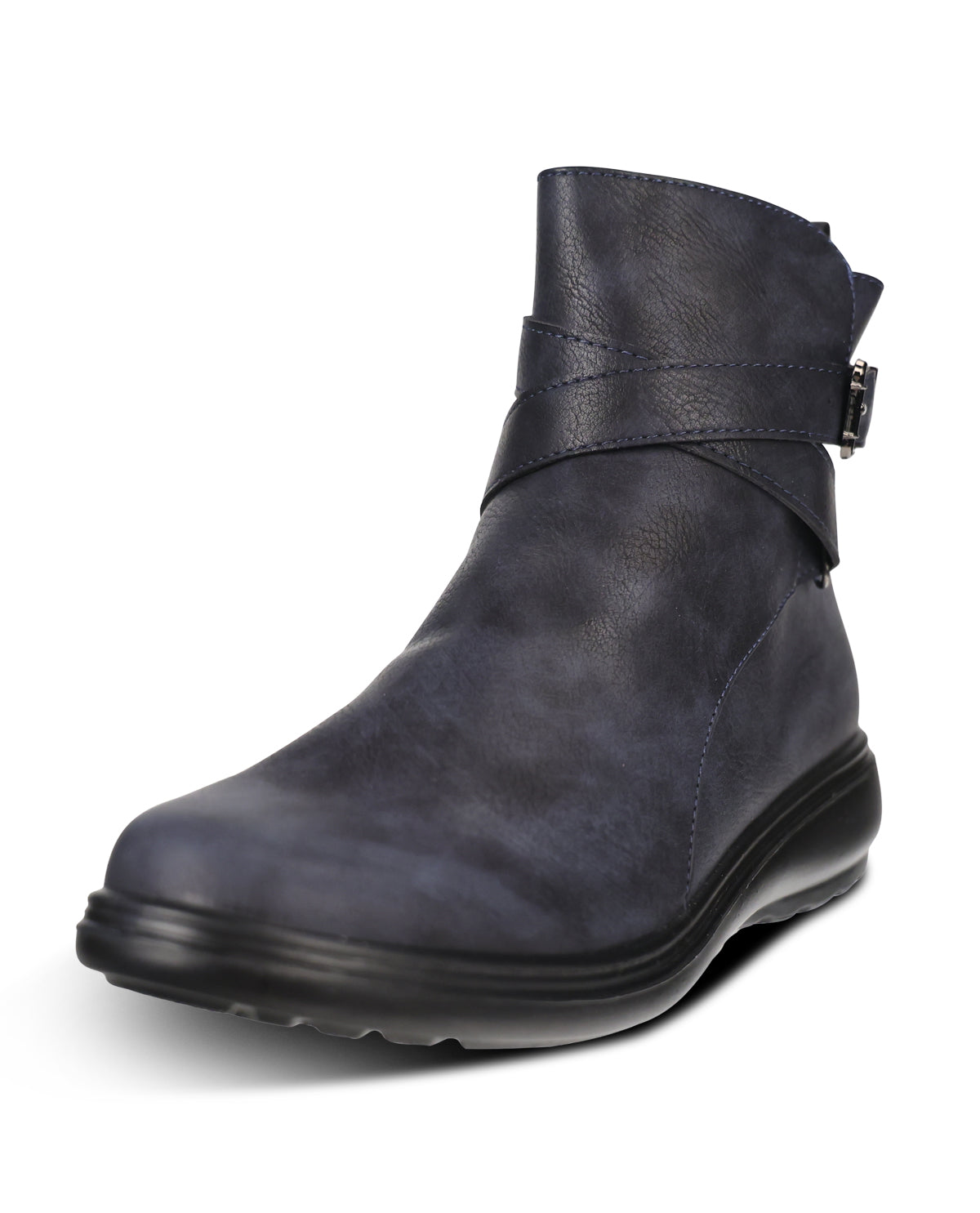 A dark navy blue leather ankle boot with a wrap-around strap and buckle detail on the side, set against a plain white background.
