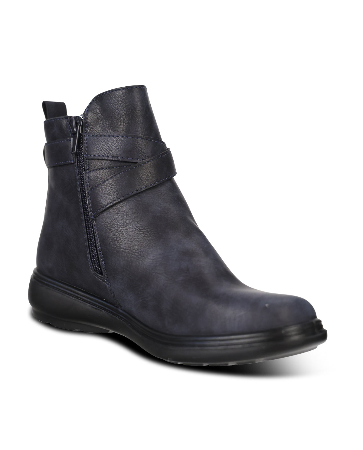 A dark navy blue leather ankle boot with a side zipper and a decorative strap across the instep, shown from a three-quarters angle on a white background.
