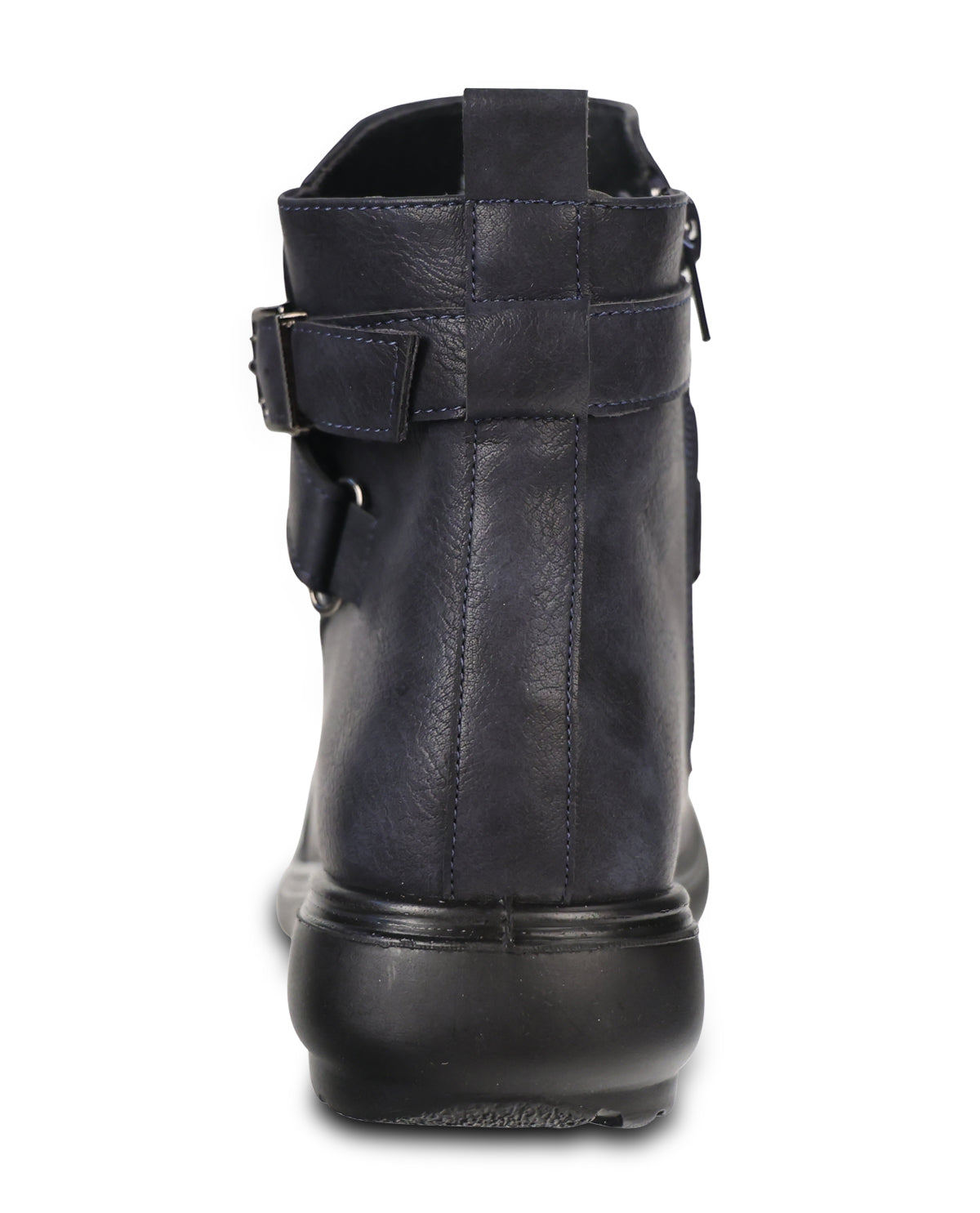 A dark navy blue ankle boot with a side buckle strap and a thick black sole, shown from a rear three-quarter view on a white background.