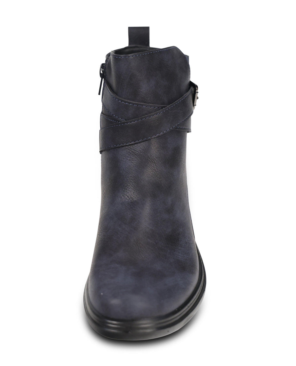 A single dark navy blue ankle boot with a side zipper and a decorative strap detail across the upper, shown from a front-facing perspective on a white background.