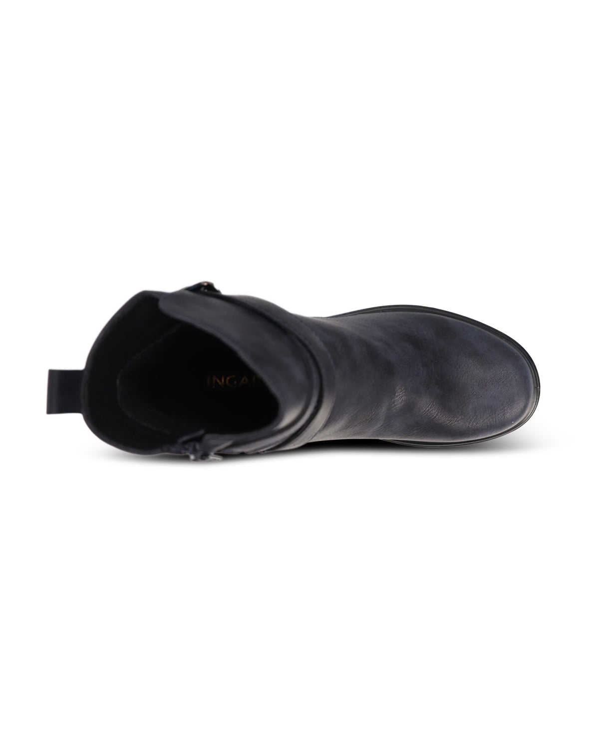 A single navy blue ankle boot shown from a side profile view against a plain white background. The brand name 'INGARO' is subtly printed in gold on the inner sole.