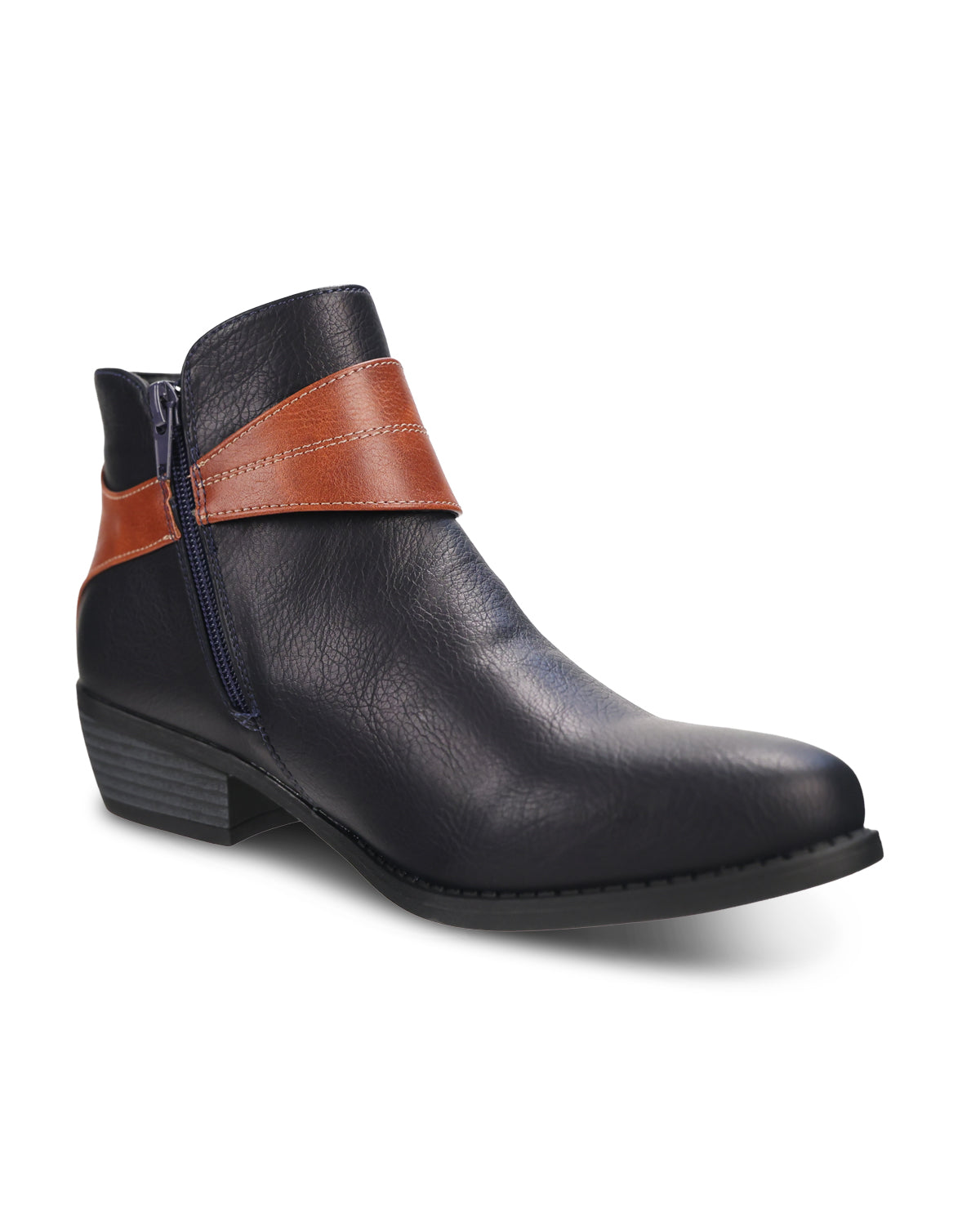 A single women's ankle boot in Navypebbled leather with a contrasting brown leather strap across the ankle and a gold-tone buckle, shown from a side profile on a white background.