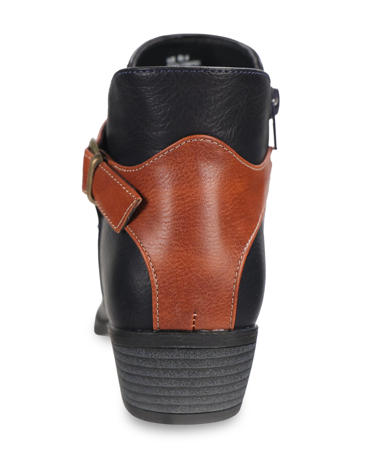 A women's ankle boot shown from the back, featuring a Navy leather upper with a prominent brown leather side panel and a matching brown buckle strap, set against a plain white background.