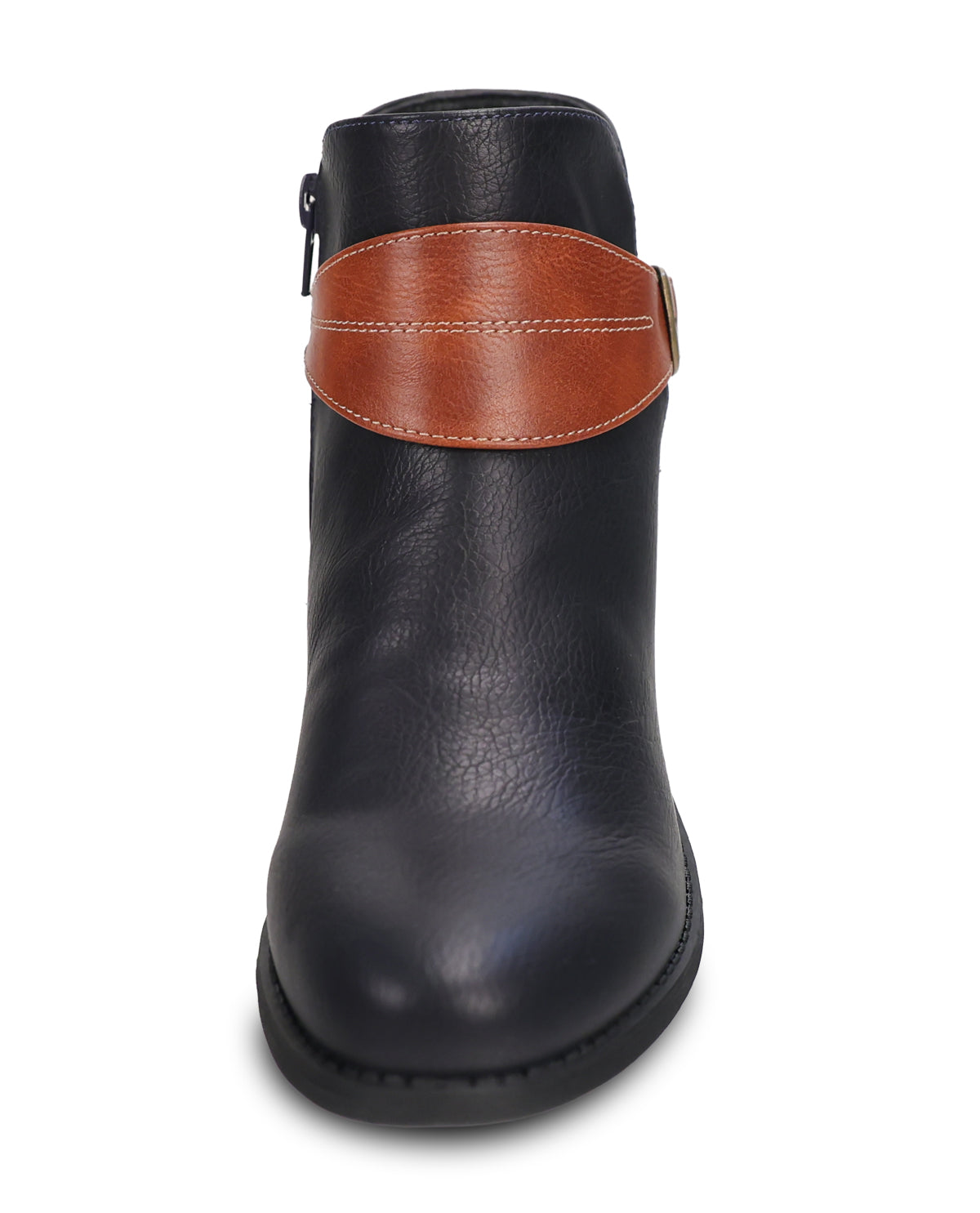 A Navy leather ankle boot with a contrasting brown leather strap across the upper side, shown from a front-facing perspective on a white background.