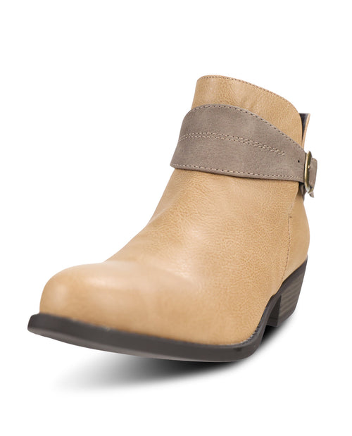 A tan leather ankle boot with a taupe faux-suede strap across the instep and a small gold-tone buckle, shown on a white background.