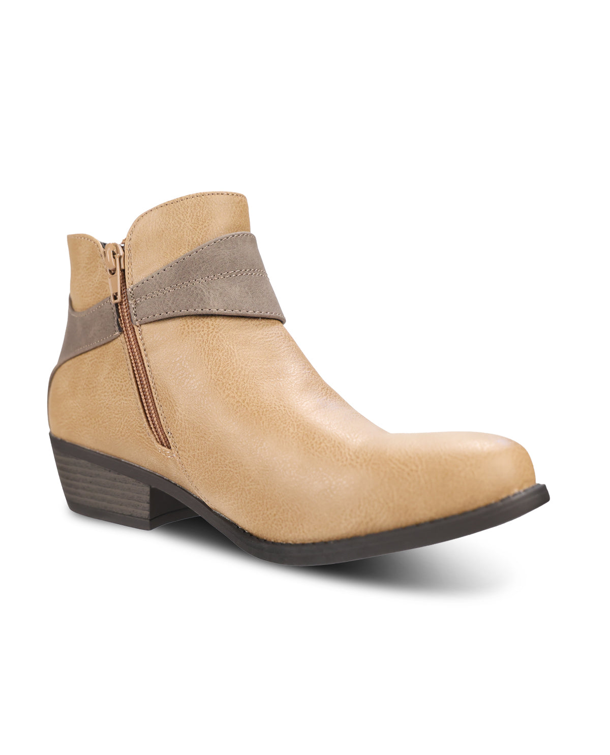 A tan leather ankle boot with a brown side zipper and a matching brown strap across the ankle, shown from a three-quarters angle on a white background.