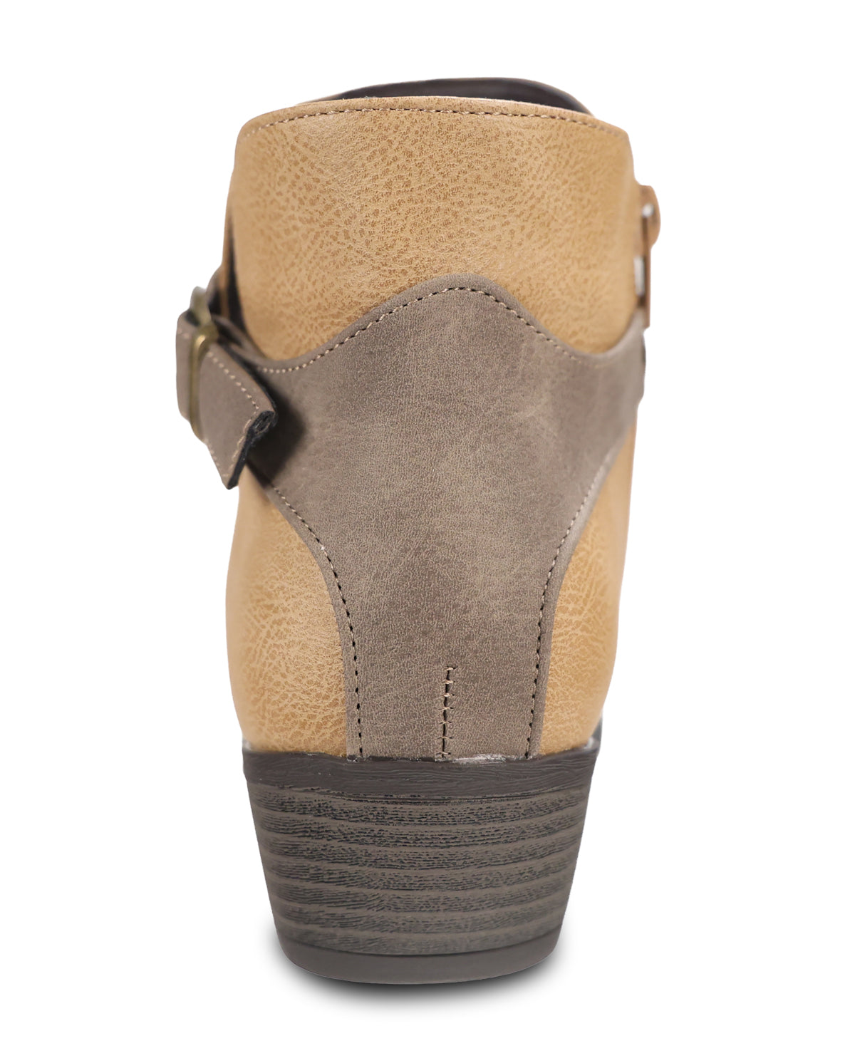 A tan and taupe ankle boot with a dark gray wedge heel and buckle strap, shown from a rear three-quarter view on a white background.