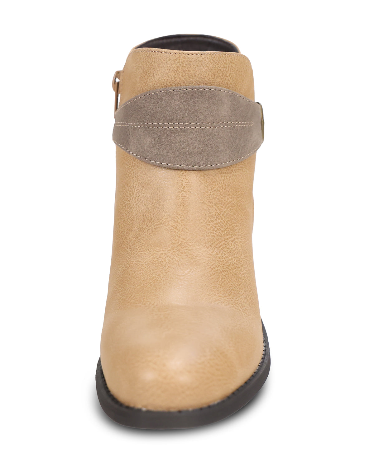 A tan leather ankle boot with a contrasting taupe suede strap across the upper and a black sole, shown from a front-facing perspective on a white background.