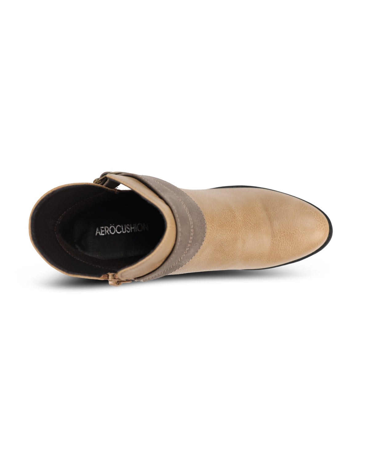 A single women's ankle boot shown from a side profile view on a white background. The boot features a light tan leather upper with a contrasting taupe-brown strap across the side, a black outsole, and a black interior with the brand name 'AEROCUSHION' printed on the insole.