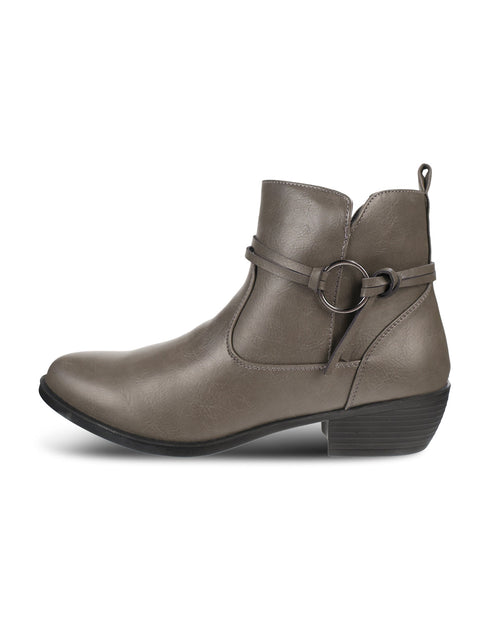 A single grey leather ankle boot with a side strap and circular metal buckle detail, shown from a side profile on a white background.
