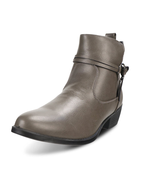 A single grey leather ankle boot with a side strap and circular metal buckle detail, shown from a side profile on a white background.