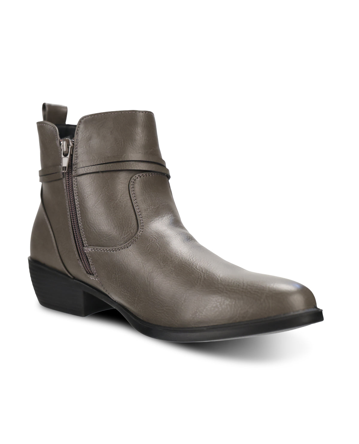 A single grey leather ankle boot with a side strap and circular metal buckle detail, shown from a side profile on a white background.