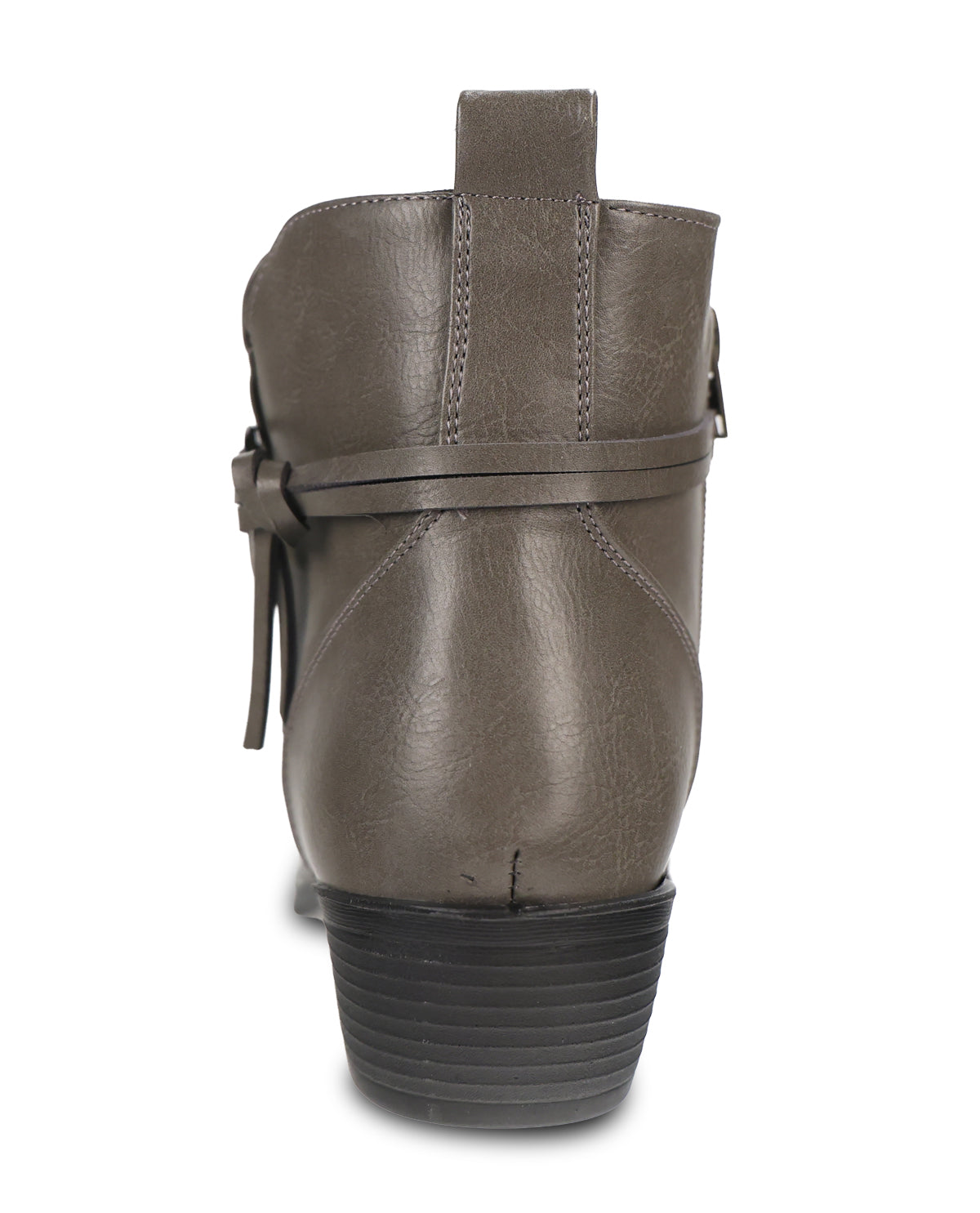 A single grey leather ankle boot shown from the back, featuring a heel strap with a bow detail and a stacked black sole.