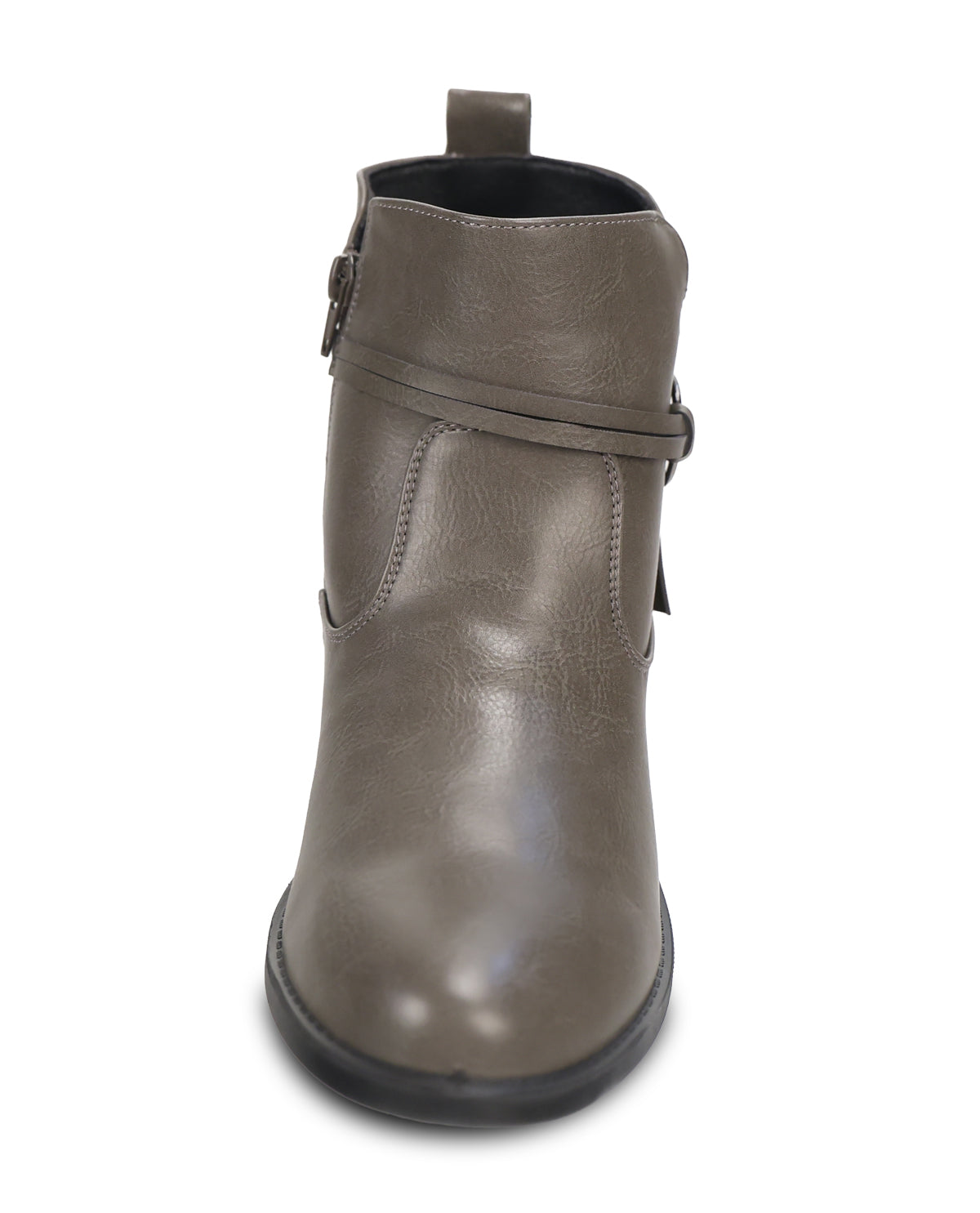 A single grey faux-leather ankle boot with a side strap and zipper, shown from a front-facing perspective on a white background.