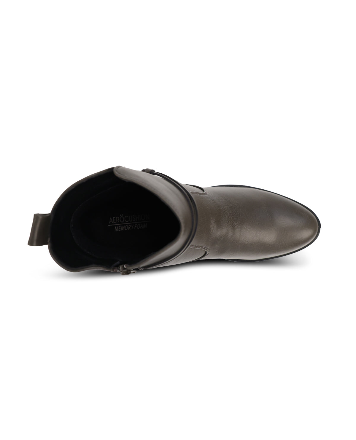 A single grey leather ankle boot with a side strap and circular metal buckle detail, shown from a side profile on a white background.