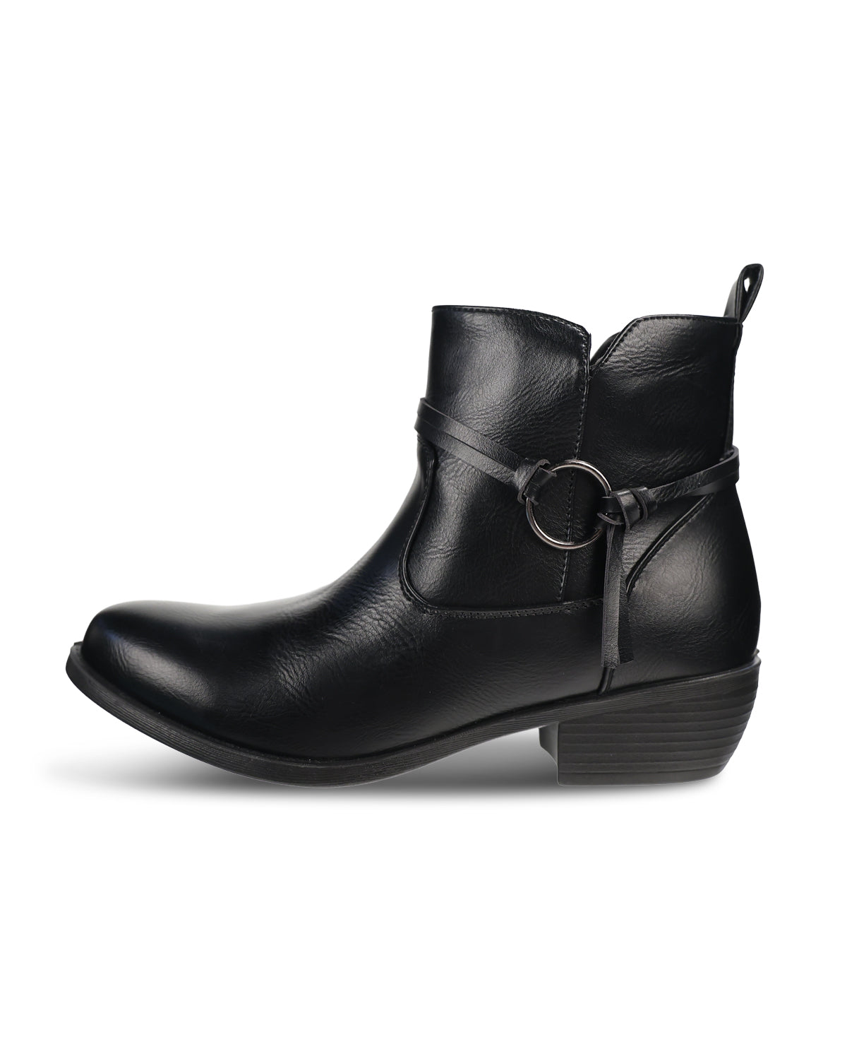 Black faux leather boot with a stacked heel and lace side detail on a white background