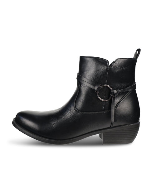 Black faux leather boot with a stacked heel and lace side detail on a white background