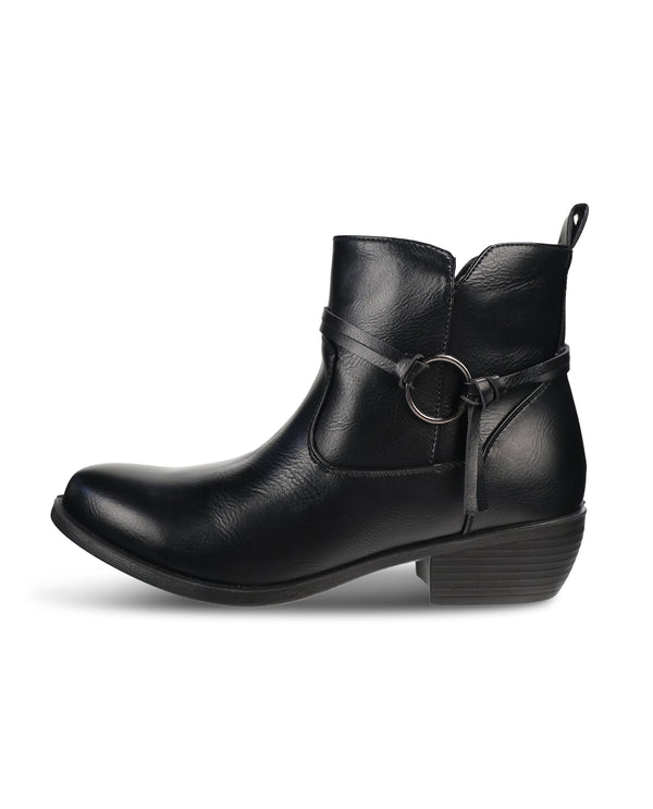 Black faux leather boot with a stacked heel and lace side detail on a white background