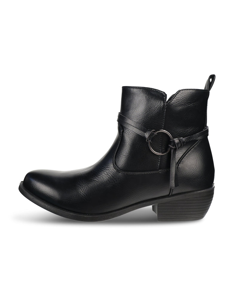 Black faux leather boot with a stacked heel and lace side detail on a white background
