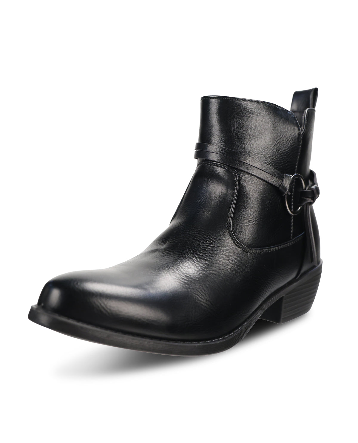 A single black leather ankle boot with a side buckle strap detail, shown from a three-quarters angle on a white background.