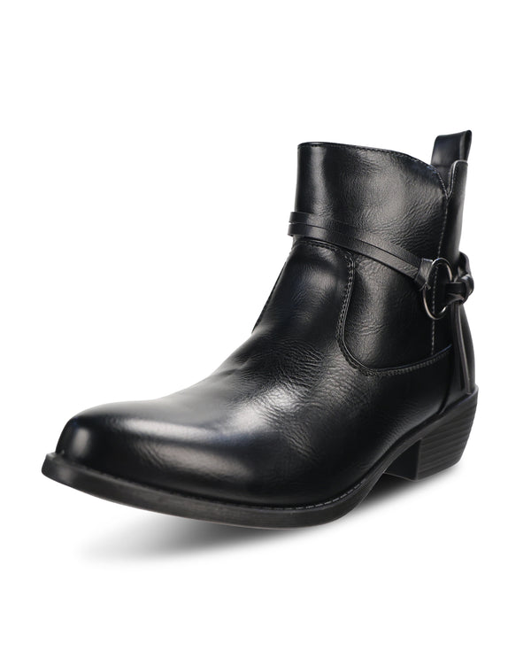 A single black leather ankle boot with a side buckle strap detail, shown from a three-quarters angle on a white background.