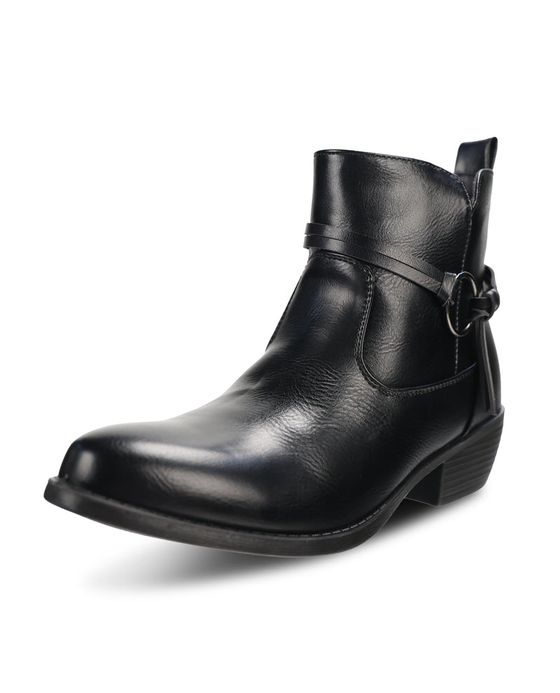 A single black leather ankle boot with a side buckle strap detail, shown from a three-quarters angle on a white background.