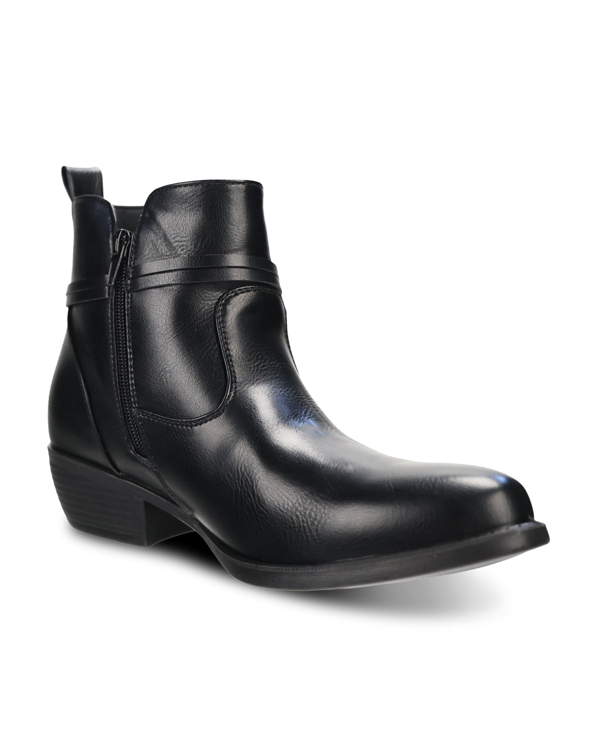 A single black leather ankle boot with a side zipper, shown from a three-quarters angle on a white background.