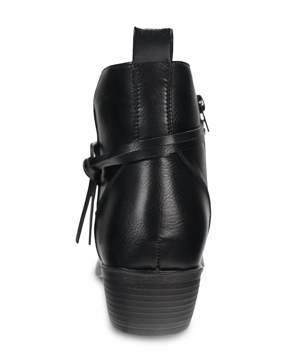 Black leather ankle boot with a side strap and tassel detail, shown from a rear three-quarter view on a white background.