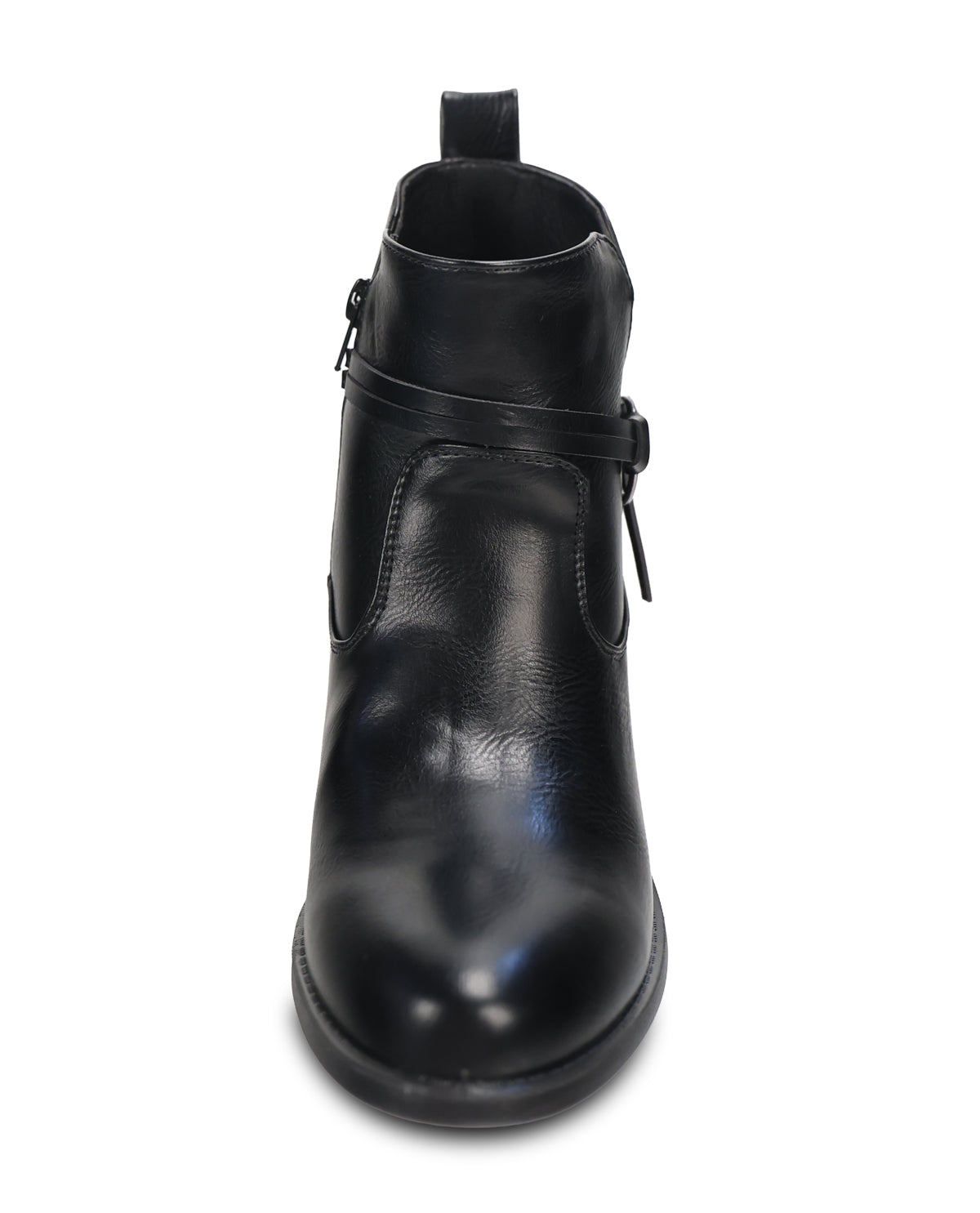 A black leather ankle boot with a side buckle strap, shown from a top-down view on a white background.