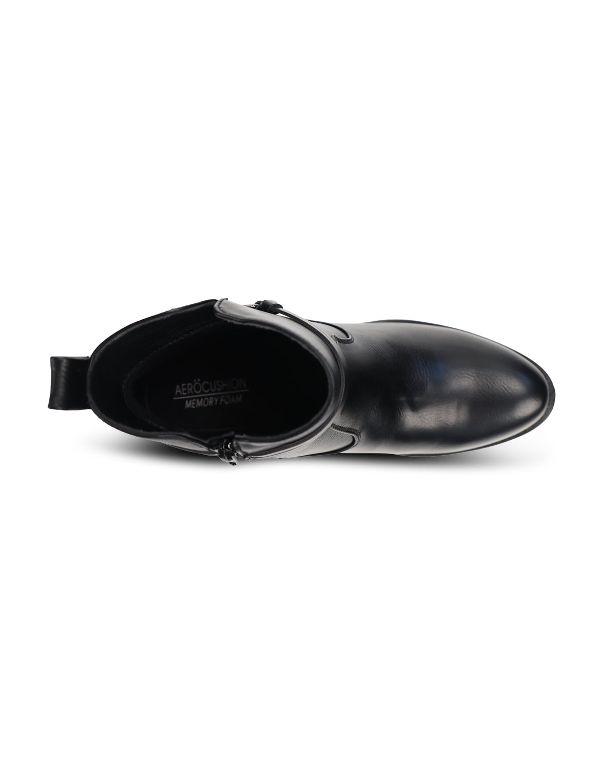 A black leather ankle boot shown from a side profile view against a plain white background. The brand name 'AEROCUSHION' is visible on the inner sole.