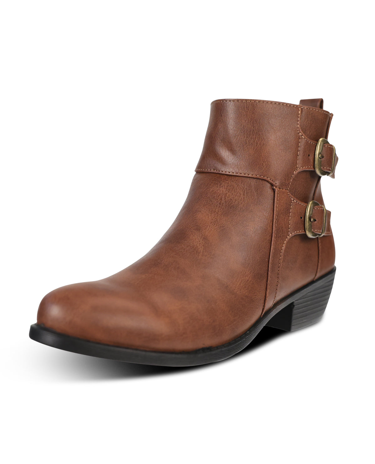 A brown ankle boot with a low black block heel and two decorative buckle straps on the side, shown against a plain white background.