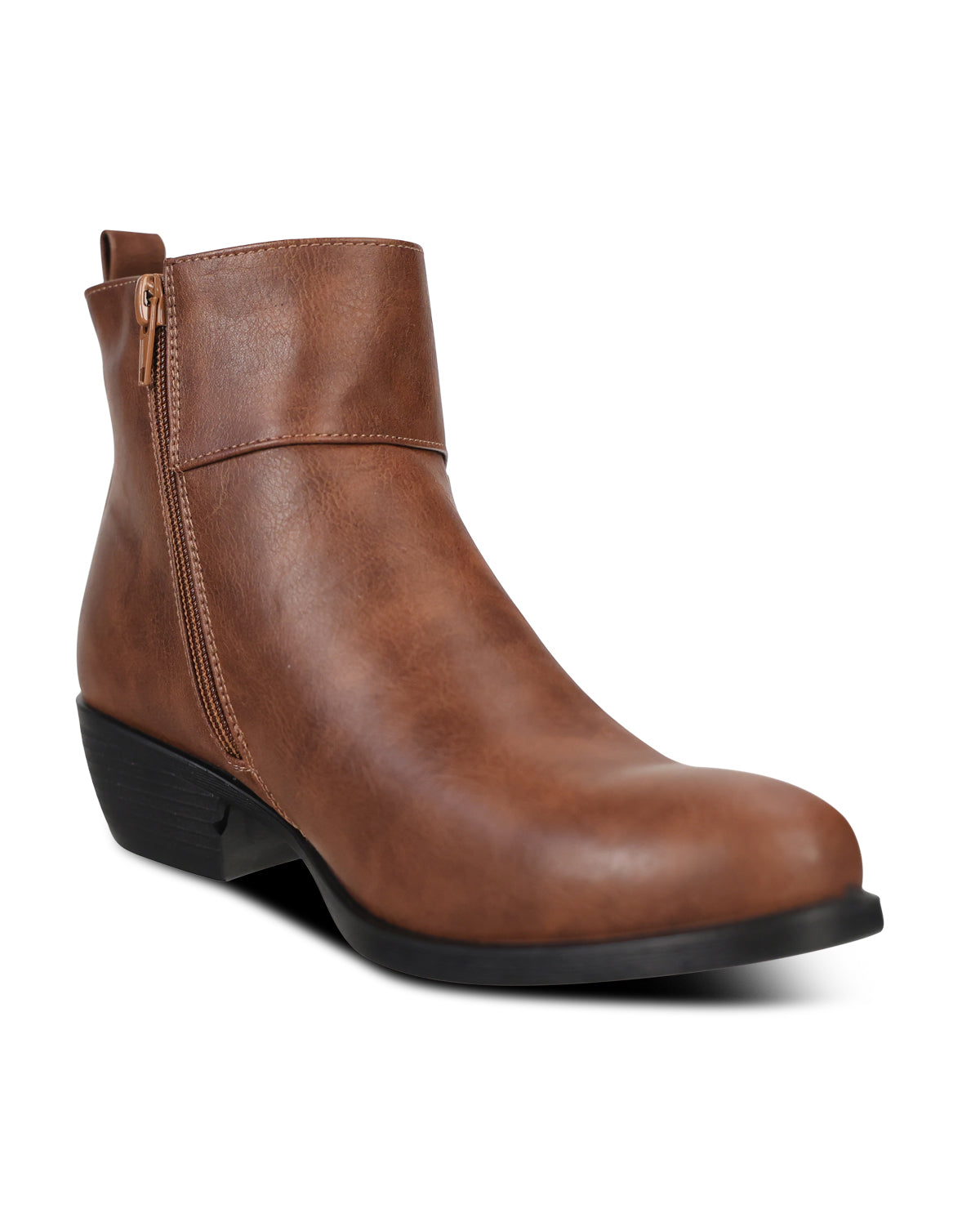 A brown ankle boot with a side zipper, low black block heel, and round toe, shown on a white background.