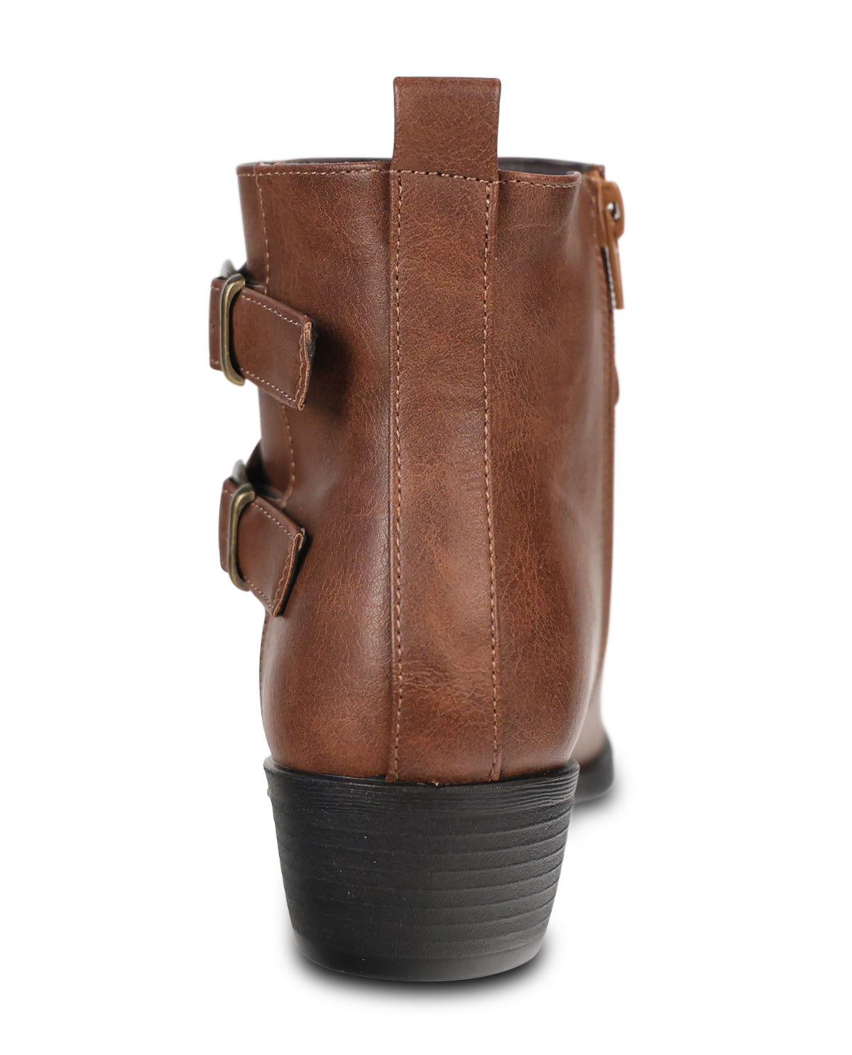 A brown ankle boot shown from the back, featuring two decorative side straps with gold-tone buckles and a black stacked block heel, set against a plain white background.