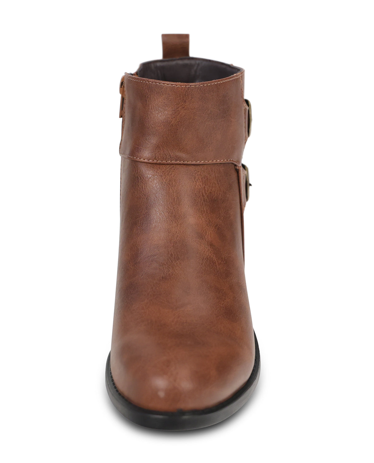A single brown ankle boot with side buckle details and a pull tab, shown from a front-facing perspective on a white background.