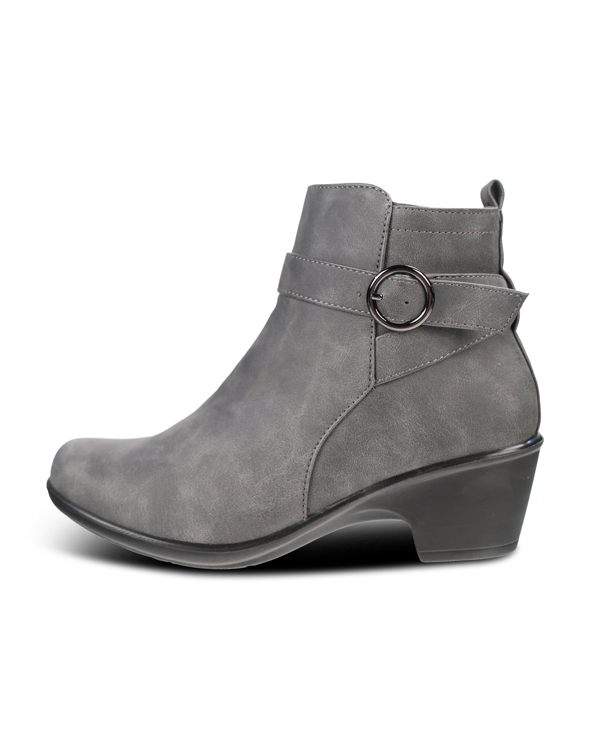 A single gray suede ankle boot with a low block heel, a side strap detail, and a round metal buckle, shown against a plain white background.