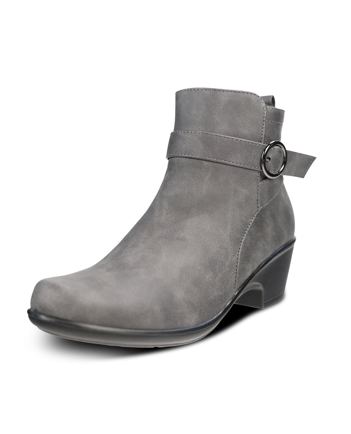 A single gray suede ankle boot with a low block heel, a side strap detail, and a round metal buckle, shown against a plain white background.