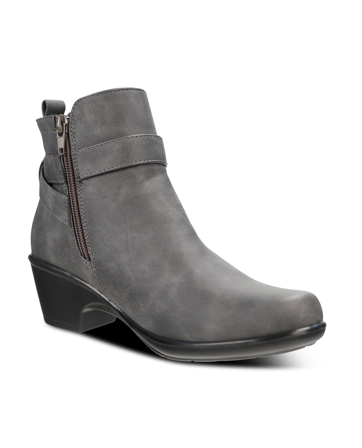 A gray suede ankle boot with a side zipper, a decorative strap across the instep, and a low black wedge heel, shown against a plain white background.