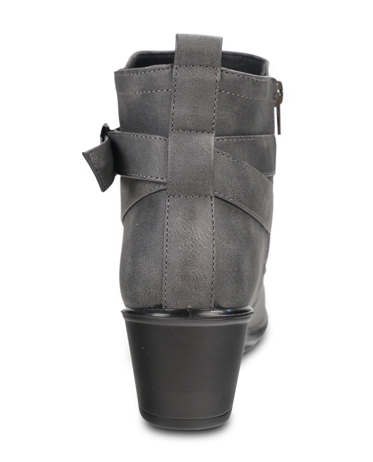 A gray faux-leather ankle boot with a chunky black block heel, side zipper, and decorative side strap detail, shown from a rear three-quarter view on a white background.