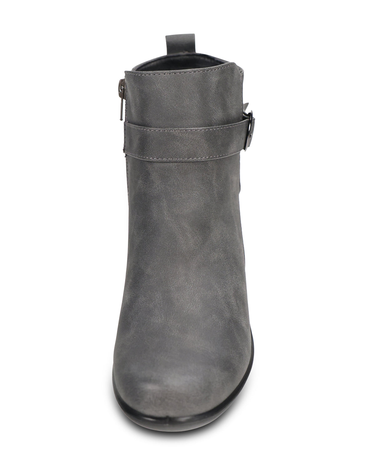 A single gray faux-leather ankle boot with a side zipper and a decorative strap detail, shown from a top-down view on a white background.