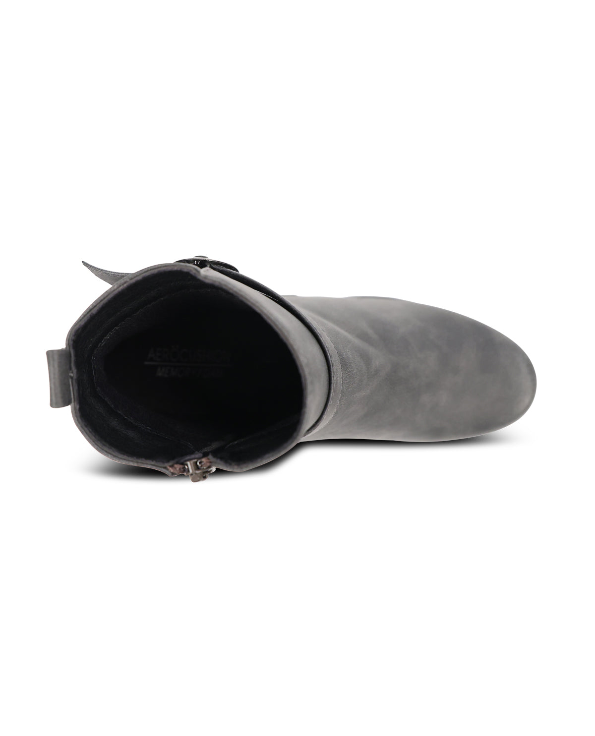 A single gray suede ankle boot shown from a side profile view on a clean white background.
