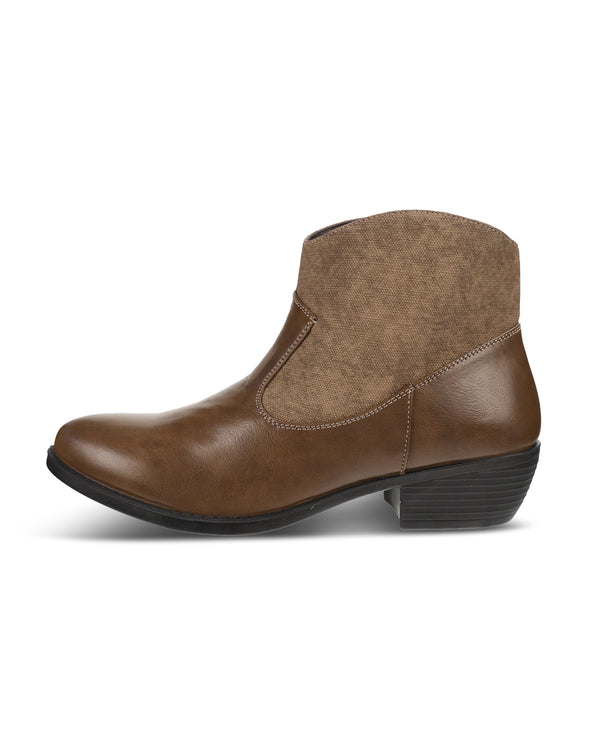 A brown ankle boot with a smooth leather-like toe and side panels, a textured tan suede-like shaft, and a low black block heel, shown from a side profile on a white background.