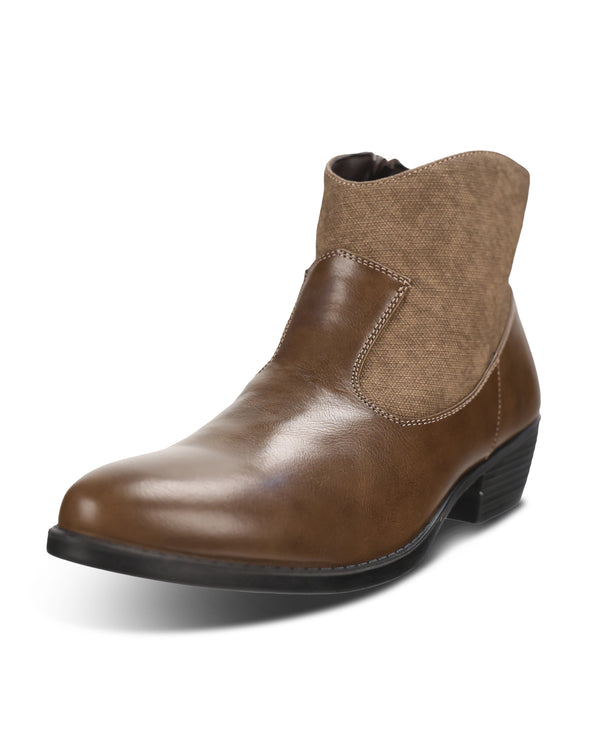 A brown ankle boot with a smooth leather upper, a textured brown fabric side panel, and a black low block heel, shown on a white background.
